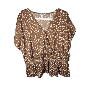 Nine West Women's Brown Cheetah Print Short Sleeve Peplum Blouse Size XXL NWT